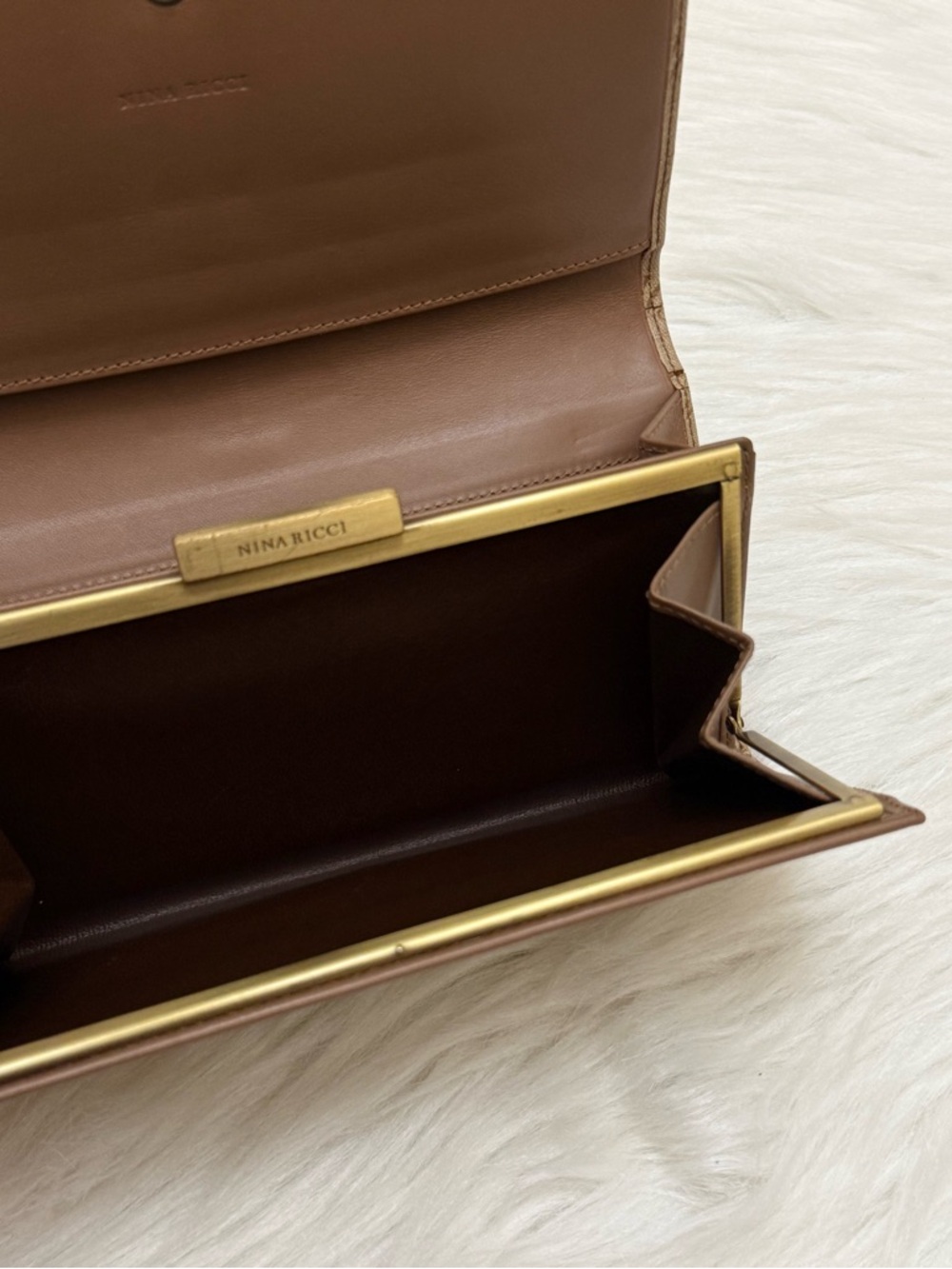 NINA RICCI - BROWN TAN CANVAS LEATHER MONOGRAM LONG BIFOLD SNAP WALLET - Picture 7 of 12